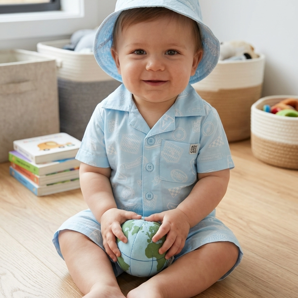 H12929INF: Baby Boys Woven Fabric Shirt, Short & Bucket Hat Set (12-24 Months) H12929INF: Baby Boys Woven Fabric Shirt, Short & Bucket Hat Set (12-24 Months)